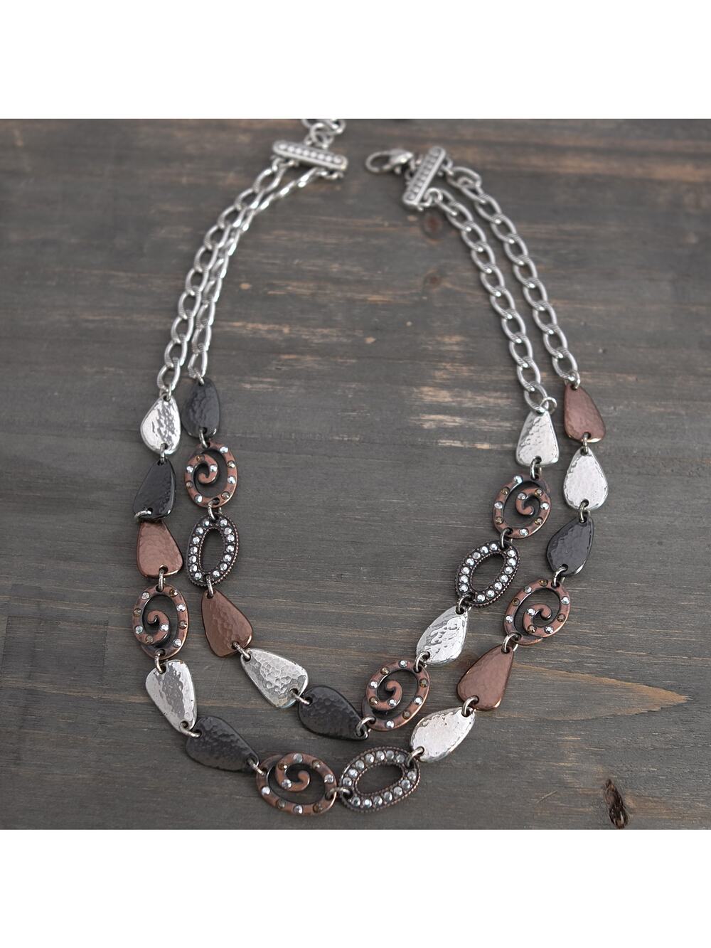 Brighton Melange Layered Necklace Silver Bronze Two Strand Hammered Crystal
